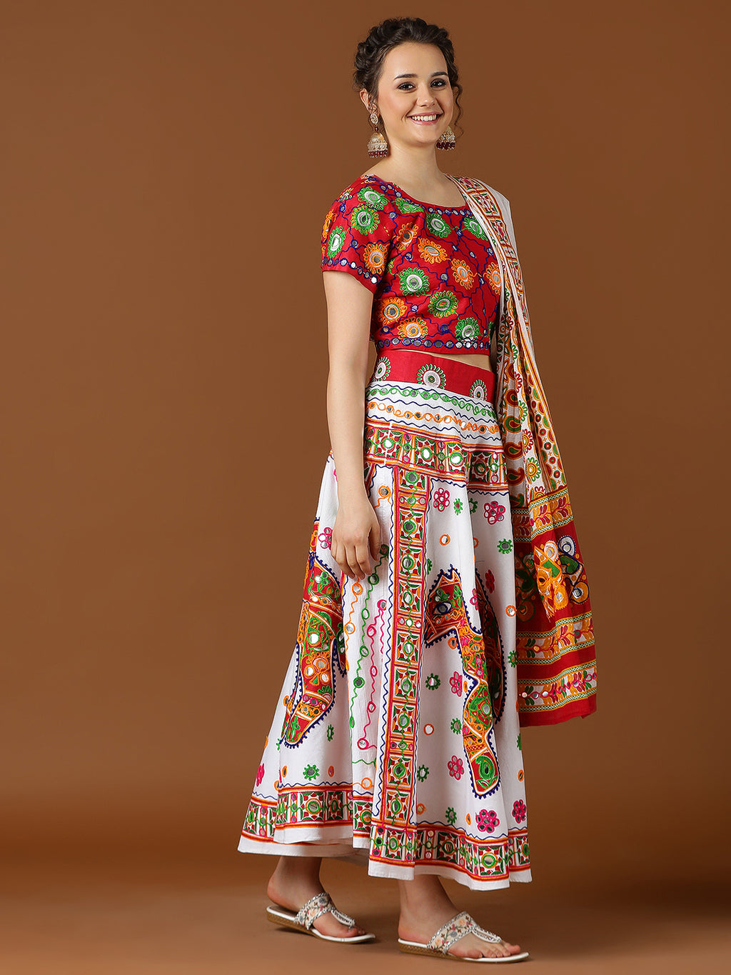 Banjara India Cotton Long Flair Aari Embroidery Kutch Work (Lehenga Choli) Chaniya Choli Set with Dupatta-(FSCC-Camel)White