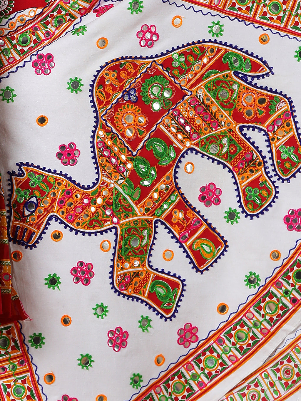 Banjara India Cotton Long Flair Aari Embroidery Kutch Work (Lehenga Choli) Chaniya Choli Set with Dupatta-(FSCC-Camel)White
