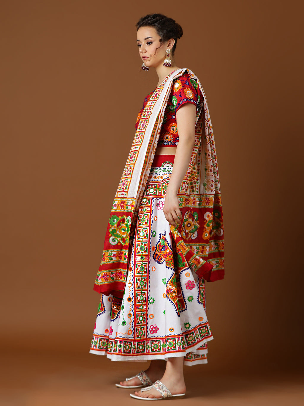 Banjara India Cotton Long Flair Aari Embroidery Kutch Work (Lehenga Choli) Chaniya Choli Set with Dupatta-(FSCC-Camel)White