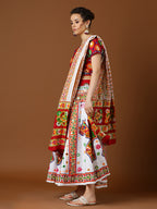 Banjara India Cotton Long Flair Aari Embroidery Kutch Work (Lehenga Choli) Chaniya Choli Set with Dupatta-(FSCC-Camel)White