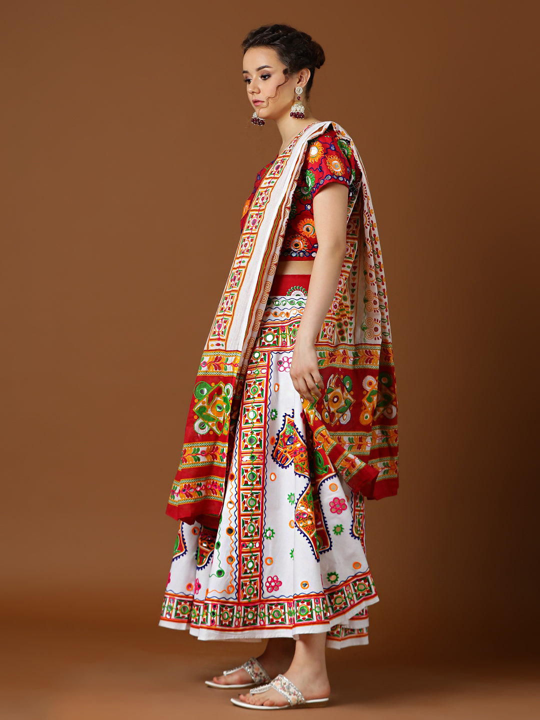 Banjara India Cotton Long Flair Aari Embroidery Kutch Work (Lehenga Choli) Chaniya Choli Set with Dupatta-(FSCC-Camel)White