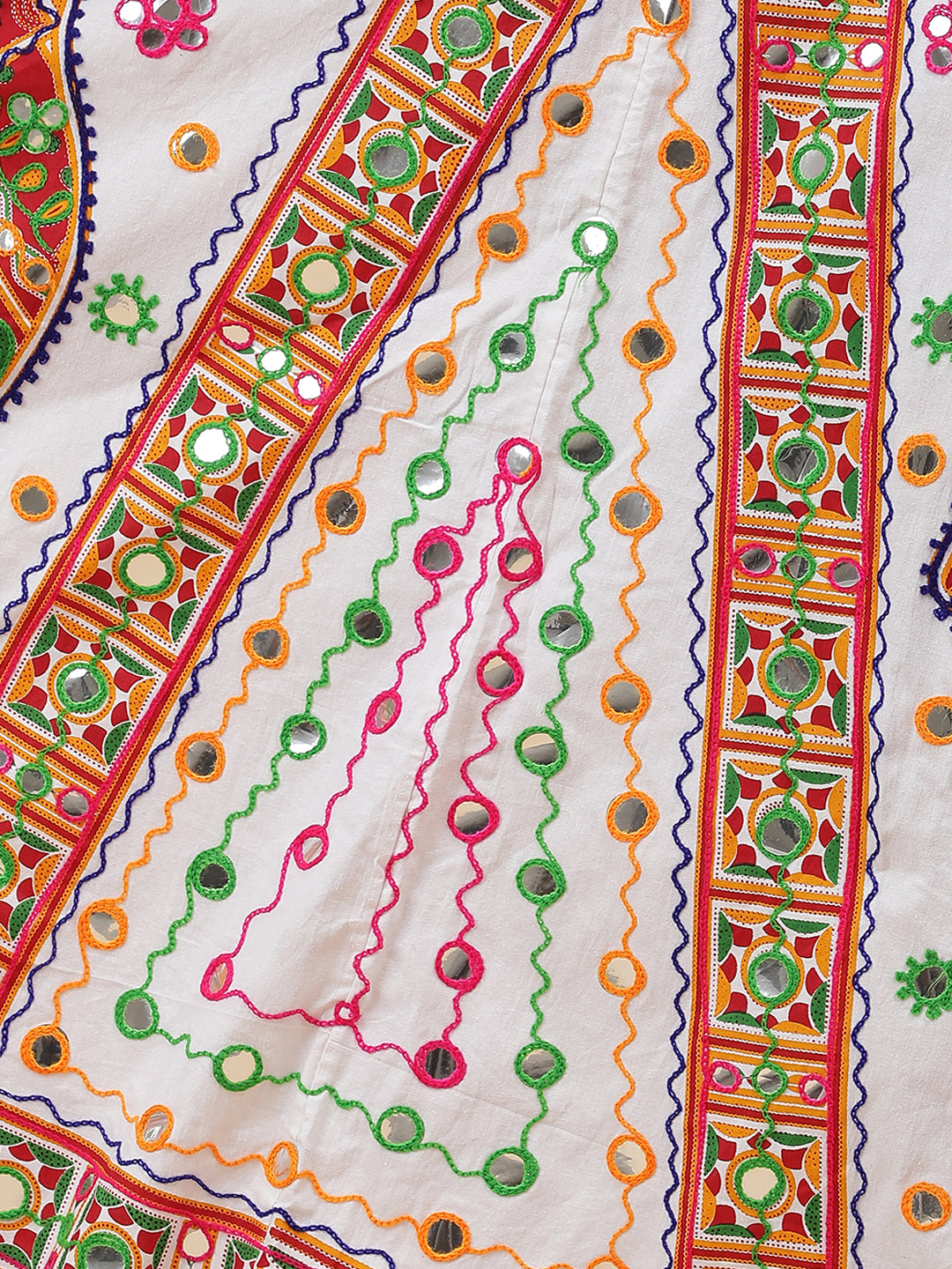 Banjara India Cotton Long Flair Aari Embroidery Kutch Work (Lehenga Choli) Chaniya Choli Set with Dupatta-(FSCC-Camel)White