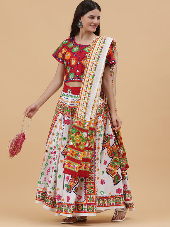 Banjara India Cotton Long Flair Aari Embroidery Kutch Work (Lehenga Choli) Chaniya Choli Set with Dupatta-(FSCC-Camel)White