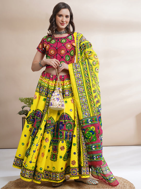 Banjara India Cotton Long Flair Aari Embroidery Kutch Work (Lehenga Choli) Chaniya Choli Set with Dupatta-(FSCC-Camel)Yellow