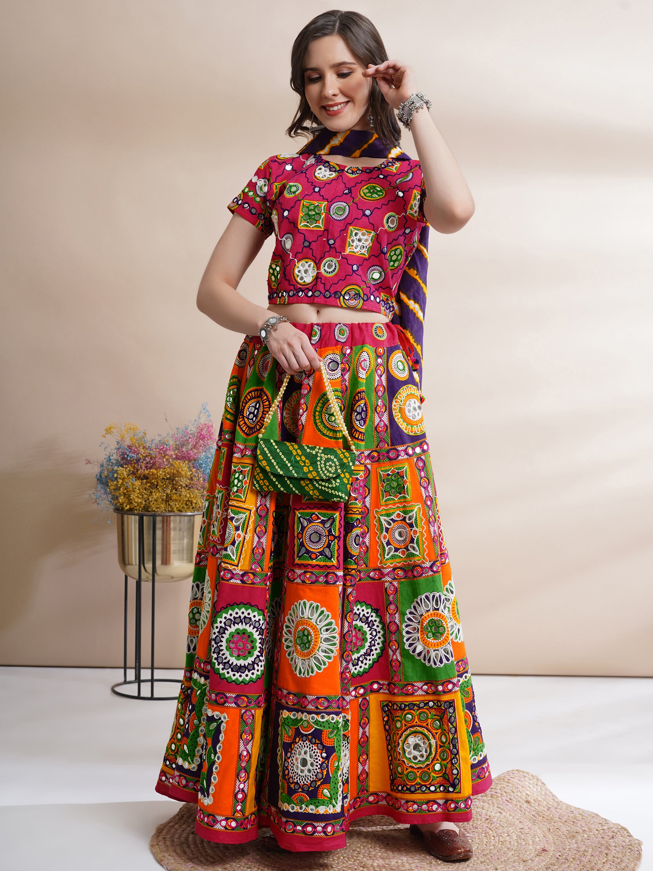 Banjara India Cotton Long Flair Aari Embroidery Kutch Work (Lehenga Choli) Chaniya Choli Set with Dupatta-(FSCC-Diamond)Pink