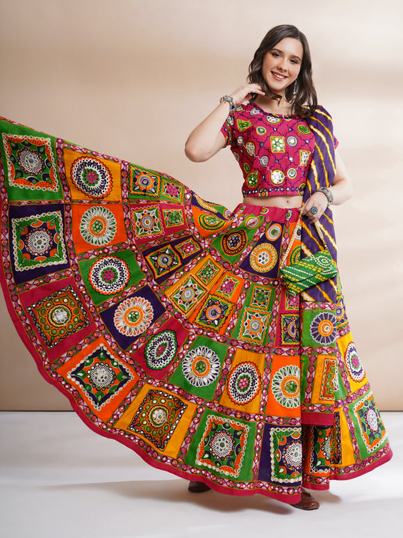 Banjara India Cotton Long Flair Aari Embroidery Kutch Work (Lehenga Choli) Chaniya Choli Set with Dupatta-(FSCC-Diamond)Pink