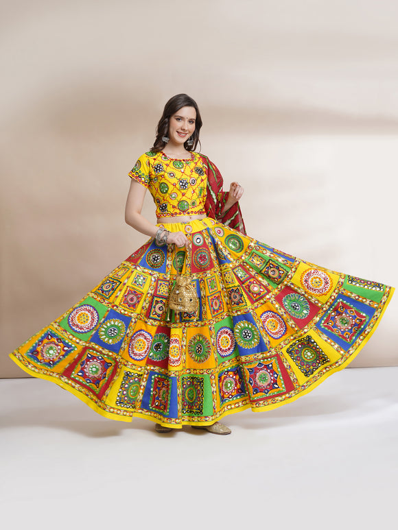 Banjara India Cotton Long Flair Aari Embroidery Kutch Work (Lehenga Choli) Chaniya Choli Set with Dupatta-(FSCC-Diamond)Yellow