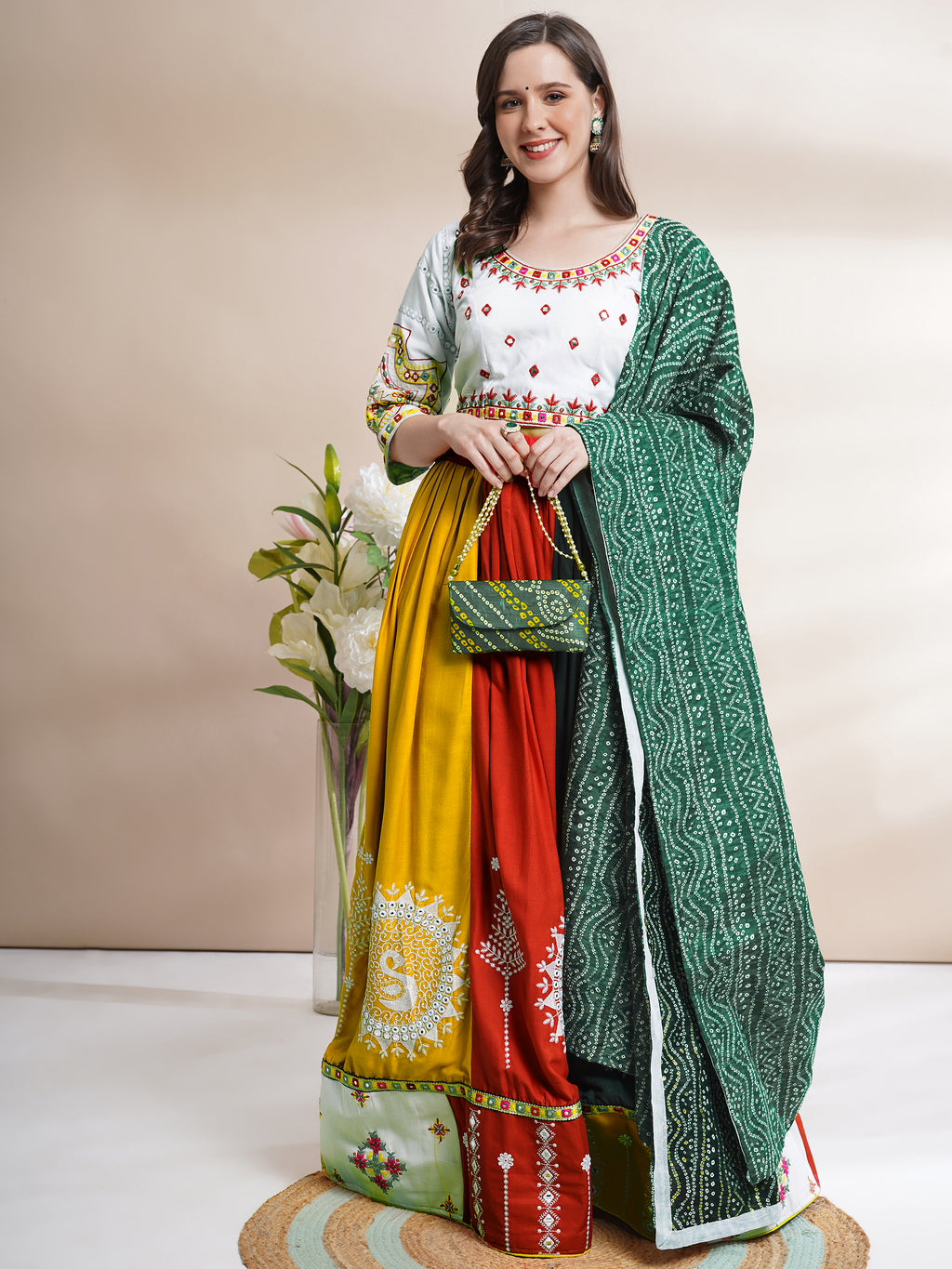 Banjara India Cotton Long Flair Aari Embroidery Kutch Work (Lehenga Choli) Chaniya Choli Set with Dupatta -FSCC-Fancy-White