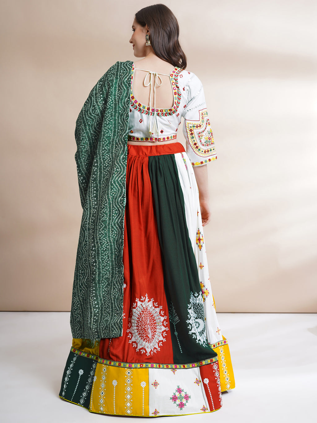 Banjara India Cotton Long Flair Aari Embroidery Kutch Work (Lehenga Choli) Chaniya Choli Set with Dupatta -FSCC-Fancy-White