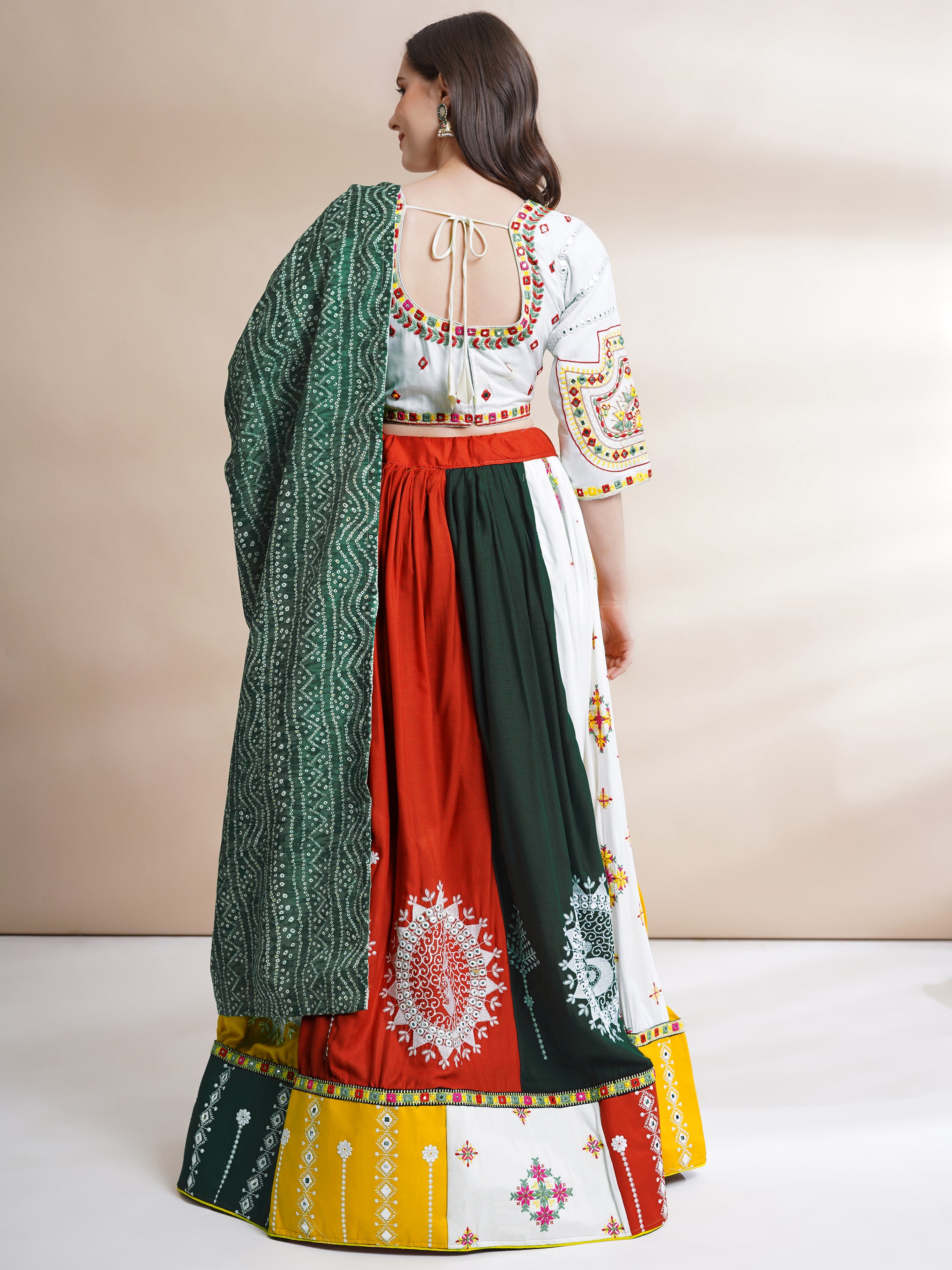 Banjara India Cotton Long Flair Aari Embroidery Kutch Work (Lehenga Choli) Chaniya Choli Set with Dupatta -FSCC-Fancy-White