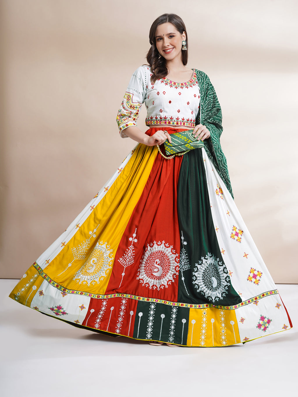 Banjara India Cotton Long Flair Aari Embroidery Kutch Work (Lehenga Choli) Chaniya Choli Set with Dupatta -FSCC-Fancy-White