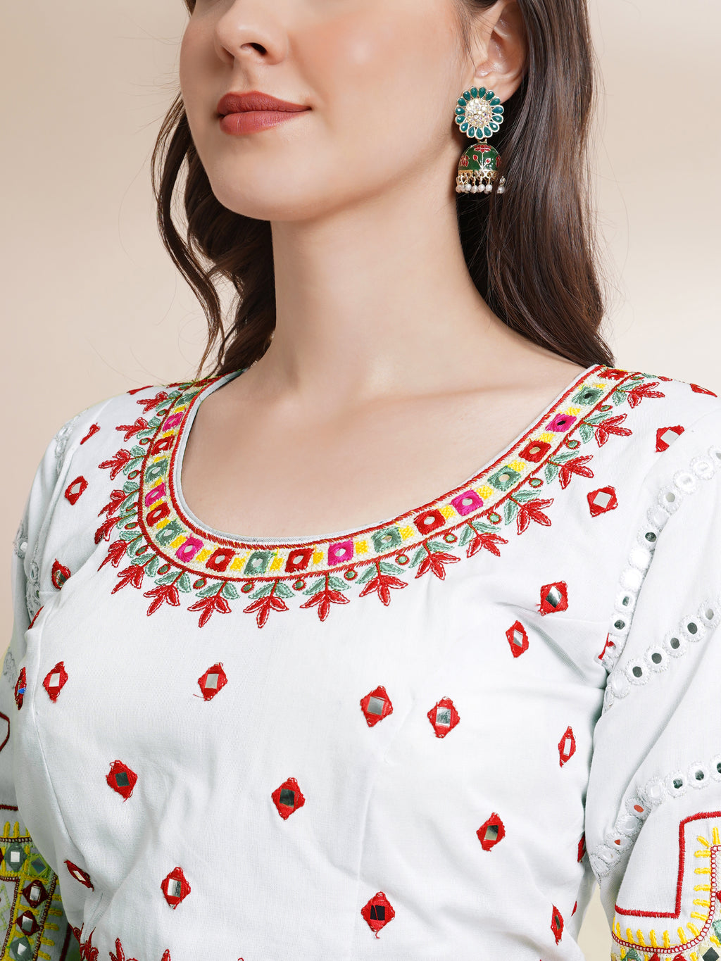 Banjara India Cotton Long Flair Aari Embroidery Kutch Work (Lehenga Choli) Chaniya Choli Set with Dupatta -FSCC-Fancy-White