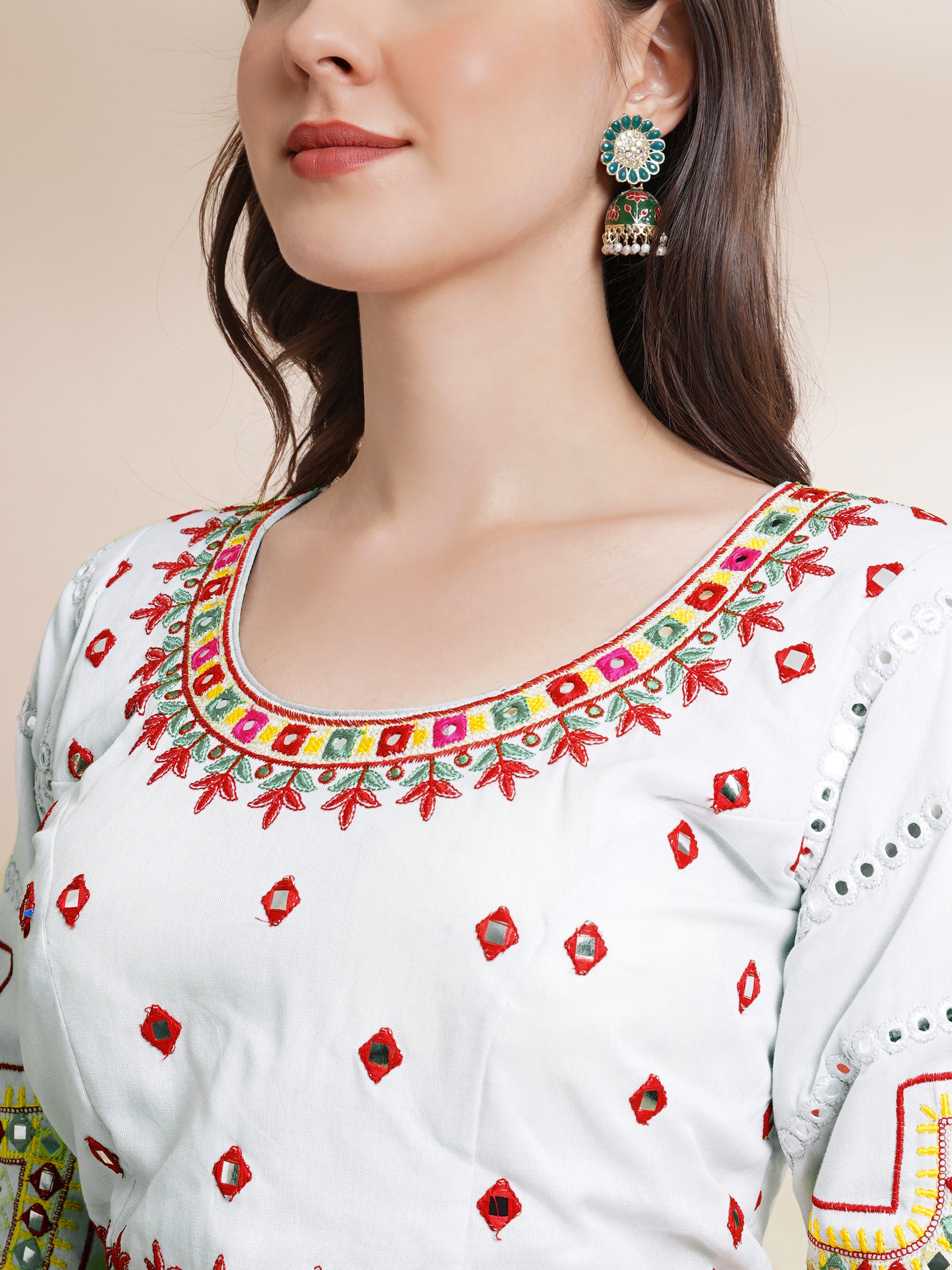 Banjara India Cotton Long Flair Aari Embroidery Kutch Work (Lehenga Choli) Chaniya Choli Set with Dupatta -FSCC-Fancy-White