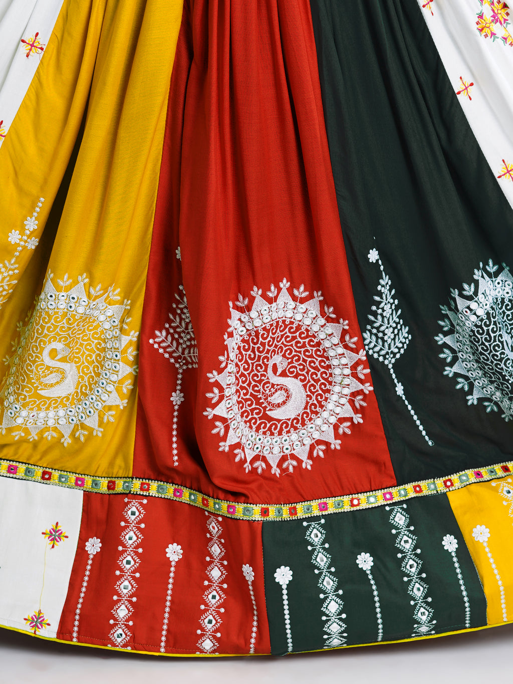 Banjara India Cotton Long Flair Aari Embroidery Kutch Work (Lehenga Choli) Chaniya Choli Set with Dupatta -FSCC-Fancy-White