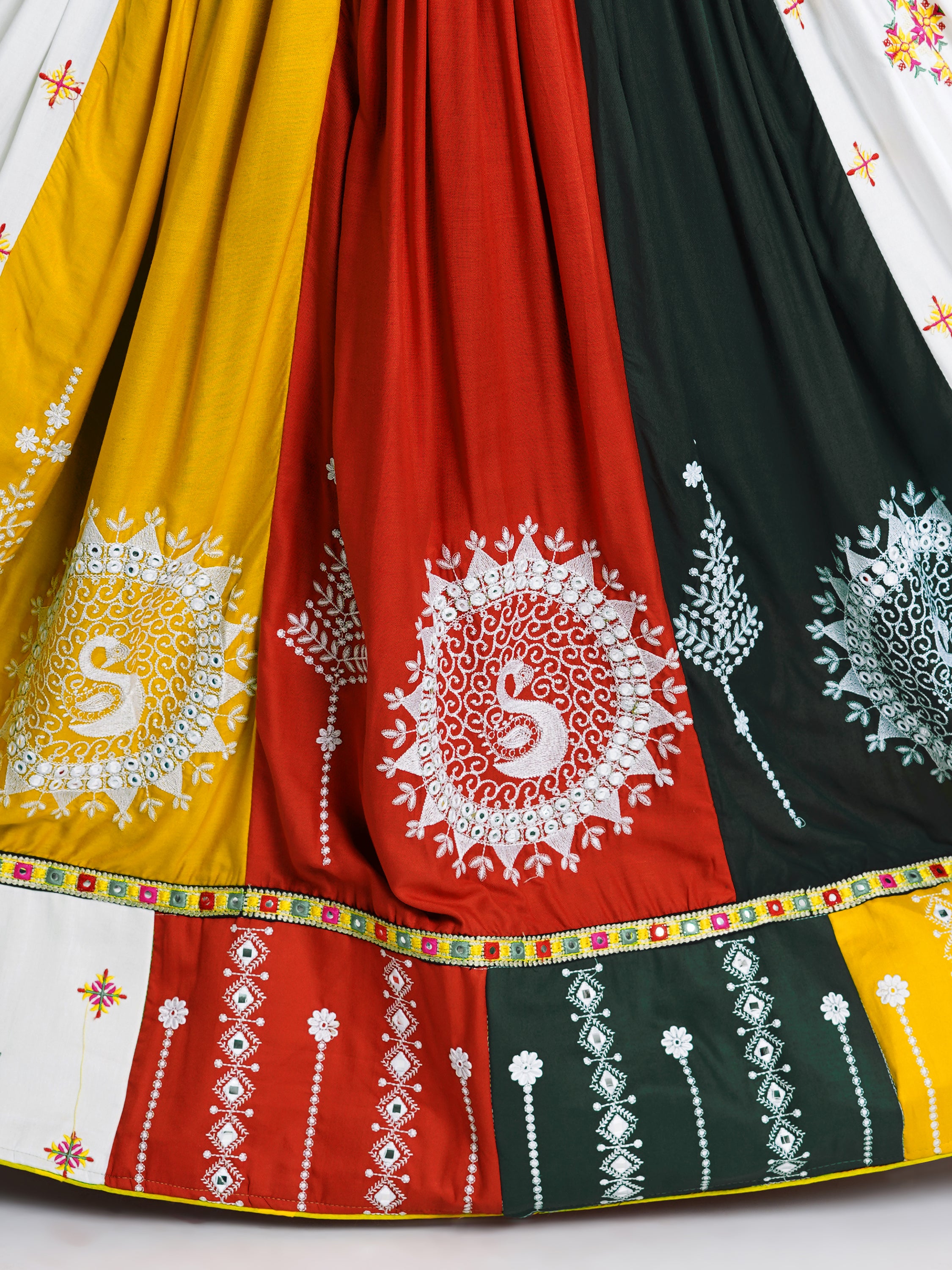 Banjara India Cotton Long Flair Aari Embroidery Kutch Work (Lehenga Choli) Chaniya Choli Set with Dupatta -FSCC-Fancy-White