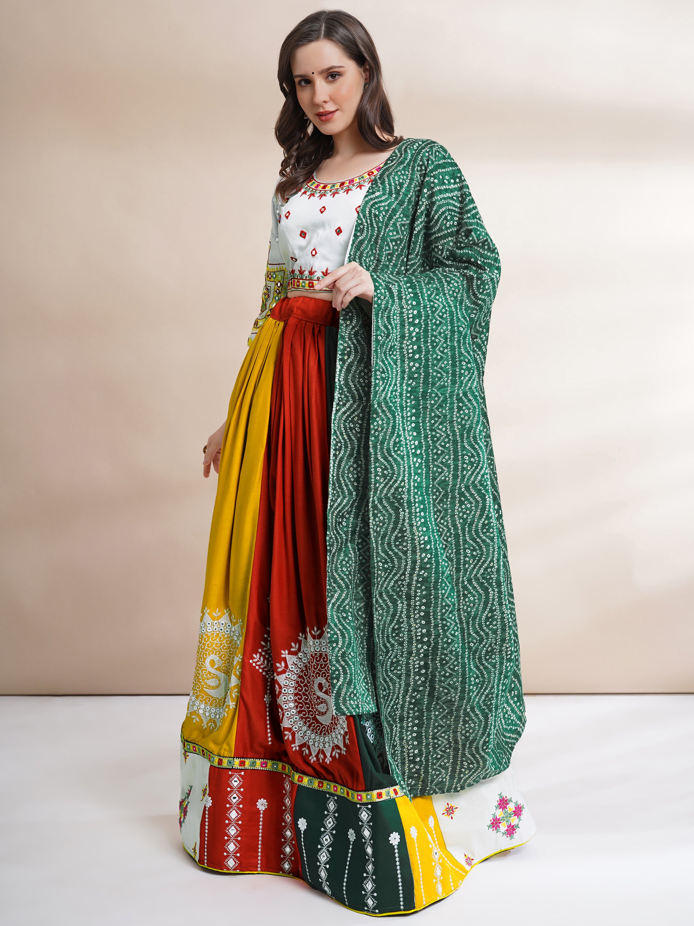 Banjara India Cotton Long Flair Aari Embroidery Kutch Work (Lehenga Choli) Chaniya Choli Set with Dupatta -FSCC-Fancy-White