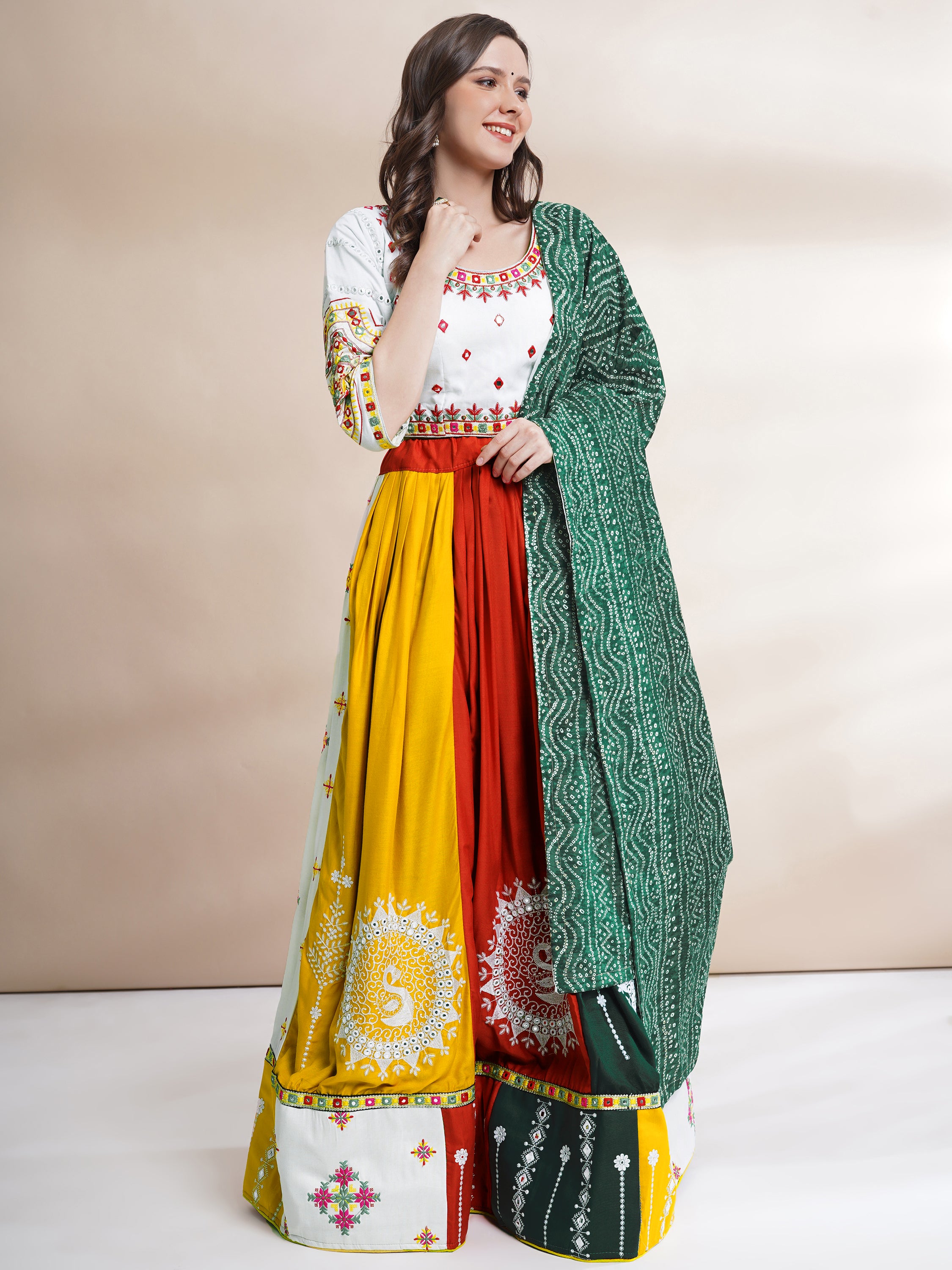 Banjara India Cotton Long Flair Aari Embroidery Kutch Work (Lehenga Choli) Chaniya Choli Set with Dupatta -FSCC-Fancy-White