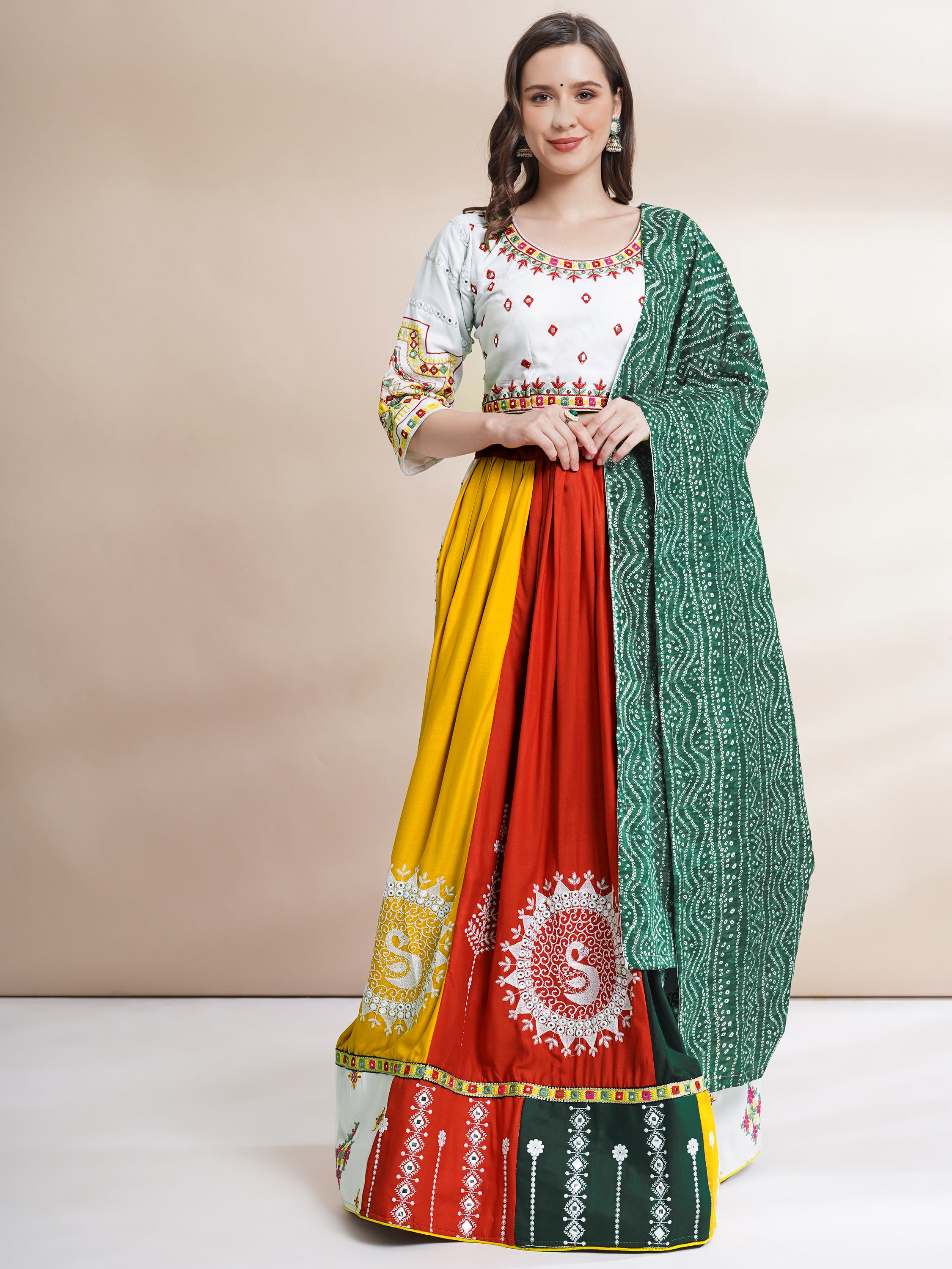 Banjara India Cotton Long Flair Aari Embroidery Kutch Work (Lehenga Choli) Chaniya Choli Set with Dupatta -FSCC-Fancy-White