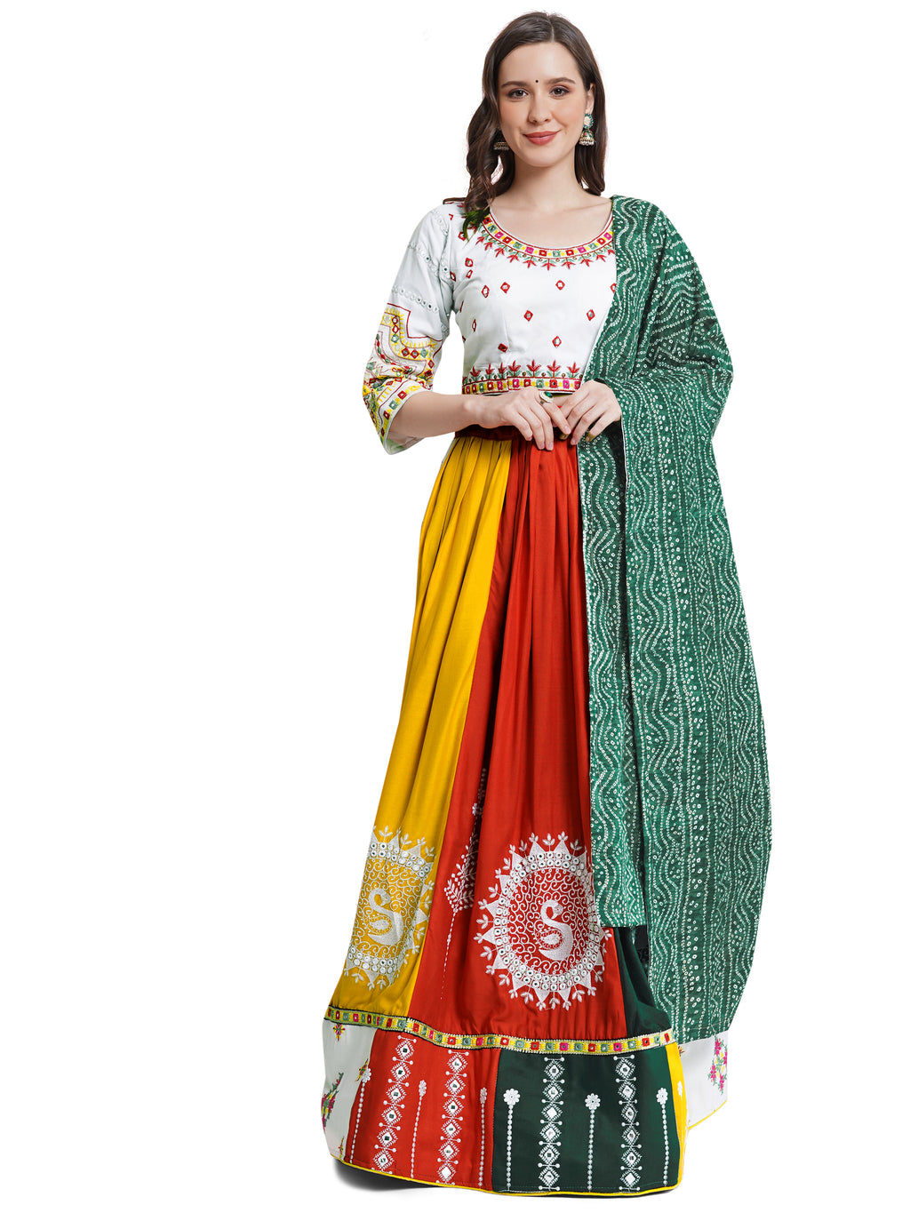 Banjara India Cotton Long Flair Aari Embroidery Kutch Work (Lehenga Choli) Chaniya Choli Set with Dupatta -FSCC-Fancy-White