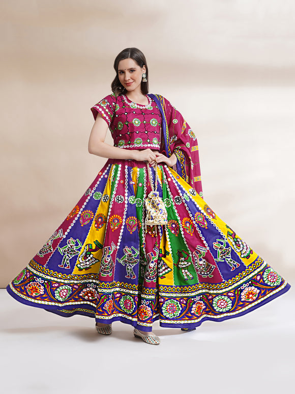 Banjara India Cotton Long Flair Aari Embroidery Kutch Work (Lehenga Choli) Chaniya Choli Set with Dupatta-(FSCC-Folk)Blue