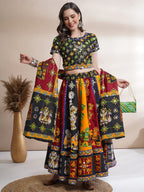 Banjara India Cotton Long Flair Aari Embroidery Kutch Work (Lehenga Choli) Chaniya Choli Set with Dupatta-(FSCC-Hathi)Black