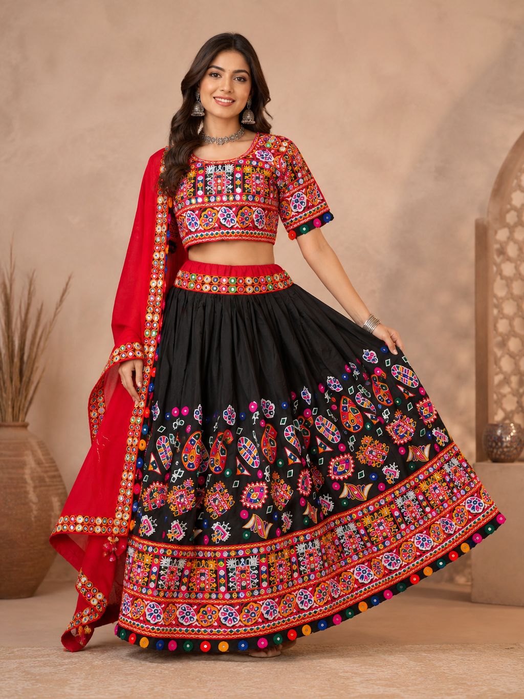 Banjara India Cotton Long Flair Aari Embroidery Kutch Work (Lehenga Choli) Chaniya Choli Set with Dupatta -Kathiyawadi-Black