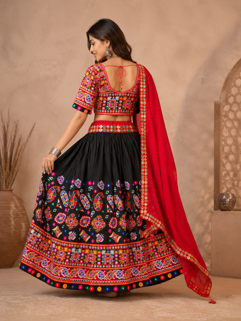 Banjara India Cotton Long Flair Aari Embroidery Kutch Work (Lehenga Choli) Chaniya Choli Set with Dupatta -Kathiyawadi-Black