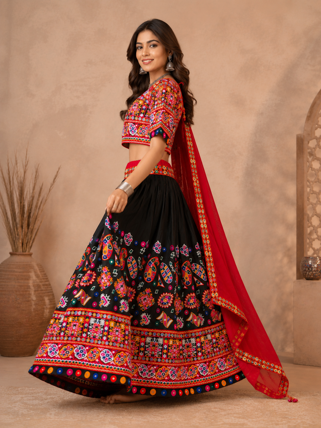 Banjara India Cotton Long Flair Aari Embroidery Kutch Work (Lehenga Choli) Chaniya Choli Set with Dupatta -Kathiyawadi-Black