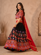 Banjara India Cotton Long Flair Aari Embroidery Kutch Work (Lehenga Choli) Chaniya Choli Set with Dupatta -Kathiyawadi-Black