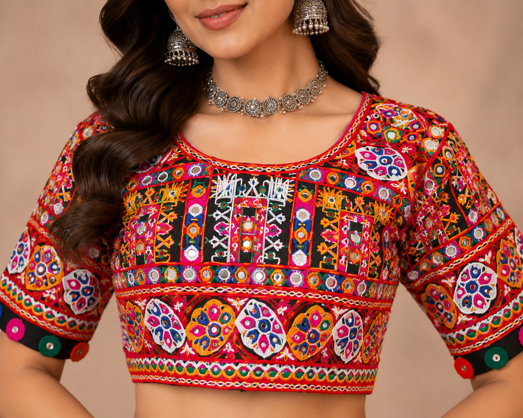 Banjara India Cotton Long Flair Aari Embroidery Kutch Work (Lehenga Choli) Chaniya Choli Set with Dupatta -Kathiyawadi-Black