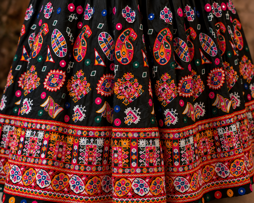 Banjara India Cotton Long Flair Aari Embroidery Kutch Work (Lehenga Choli) Chaniya Choli Set with Dupatta -Kathiyawadi-Black
