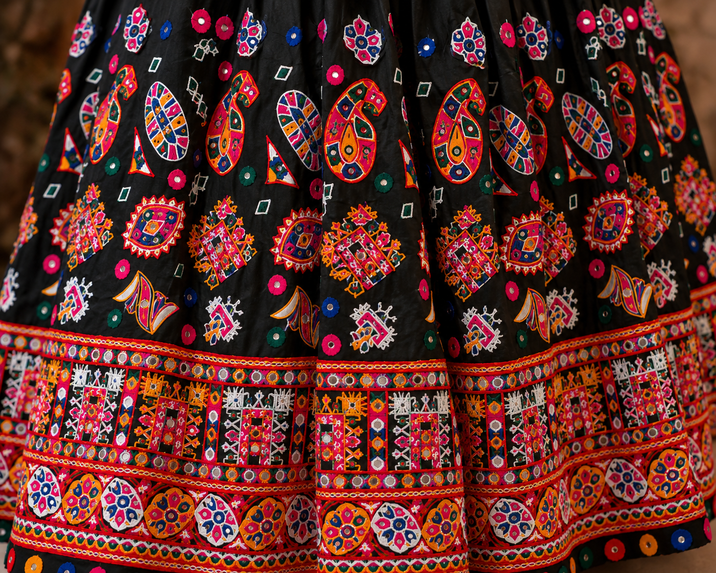 Banjara India Cotton Long Flair Aari Embroidery Kutch Work (Lehenga Choli) Chaniya Choli Set with Dupatta -Kathiyawadi-Black