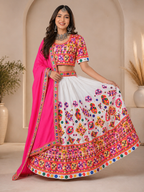 Banjara India Cotton Long Flair Aari Embroidery Kutch Work (Lehenga Choli) Chaniya Choli Set with Dupatta -Kathiyawadi-White