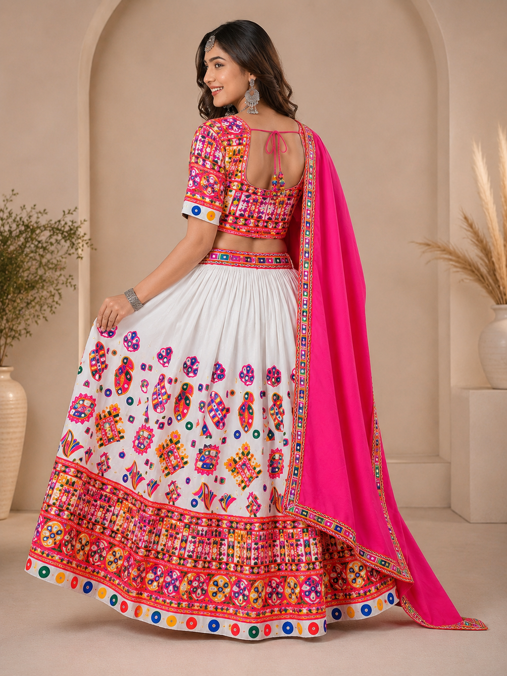 Banjara India Cotton Long Flair Aari Embroidery Kutch Work (Lehenga Choli) Chaniya Choli Set with Dupatta -Kathiyawadi-White