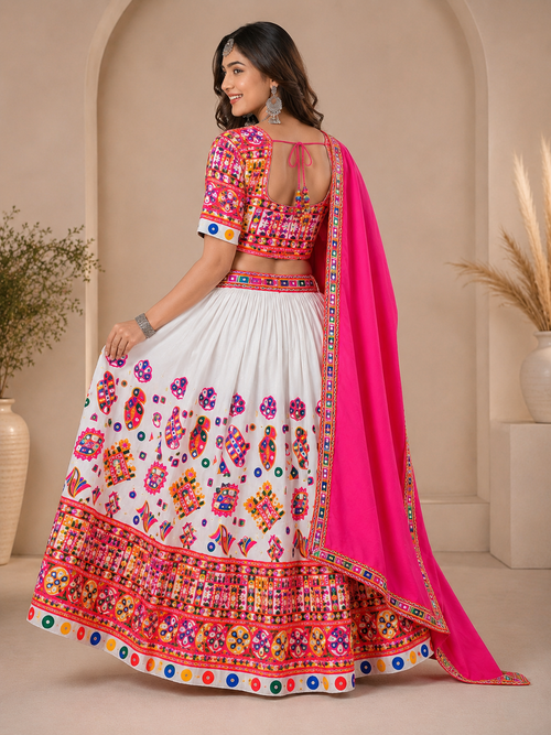 Banjara India Cotton Long Flair Aari Embroidery Kutch Work (Lehenga Choli) Chaniya Choli Set with Dupatta -Kathiyawadi-White