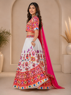 Banjara India Cotton Long Flair Aari Embroidery Kutch Work (Lehenga Choli) Chaniya Choli Set with Dupatta -Kathiyawadi-White