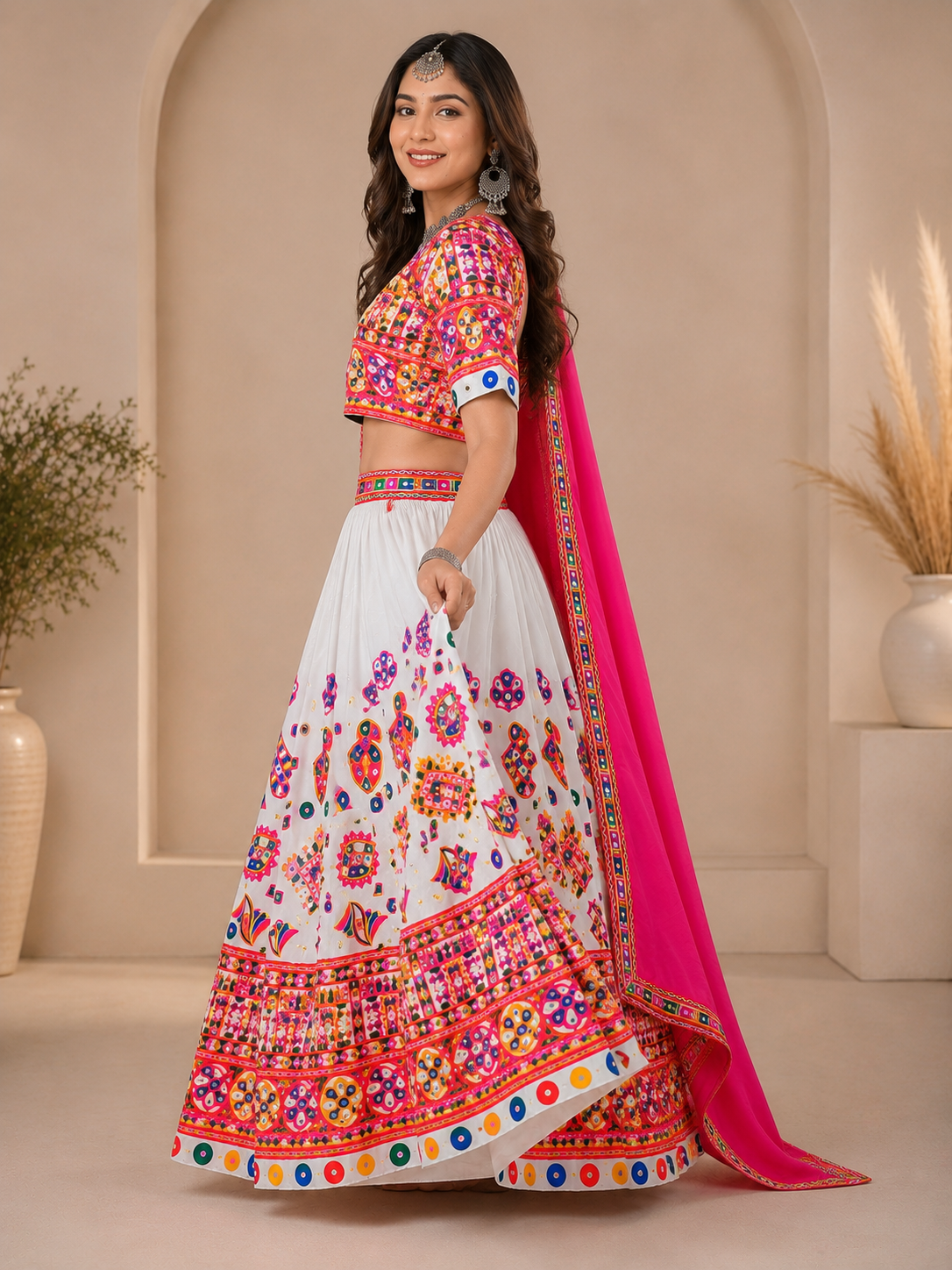 Banjara India Cotton Long Flair Aari Embroidery Kutch Work (Lehenga Choli) Chaniya Choli Set with Dupatta -Kathiyawadi-White