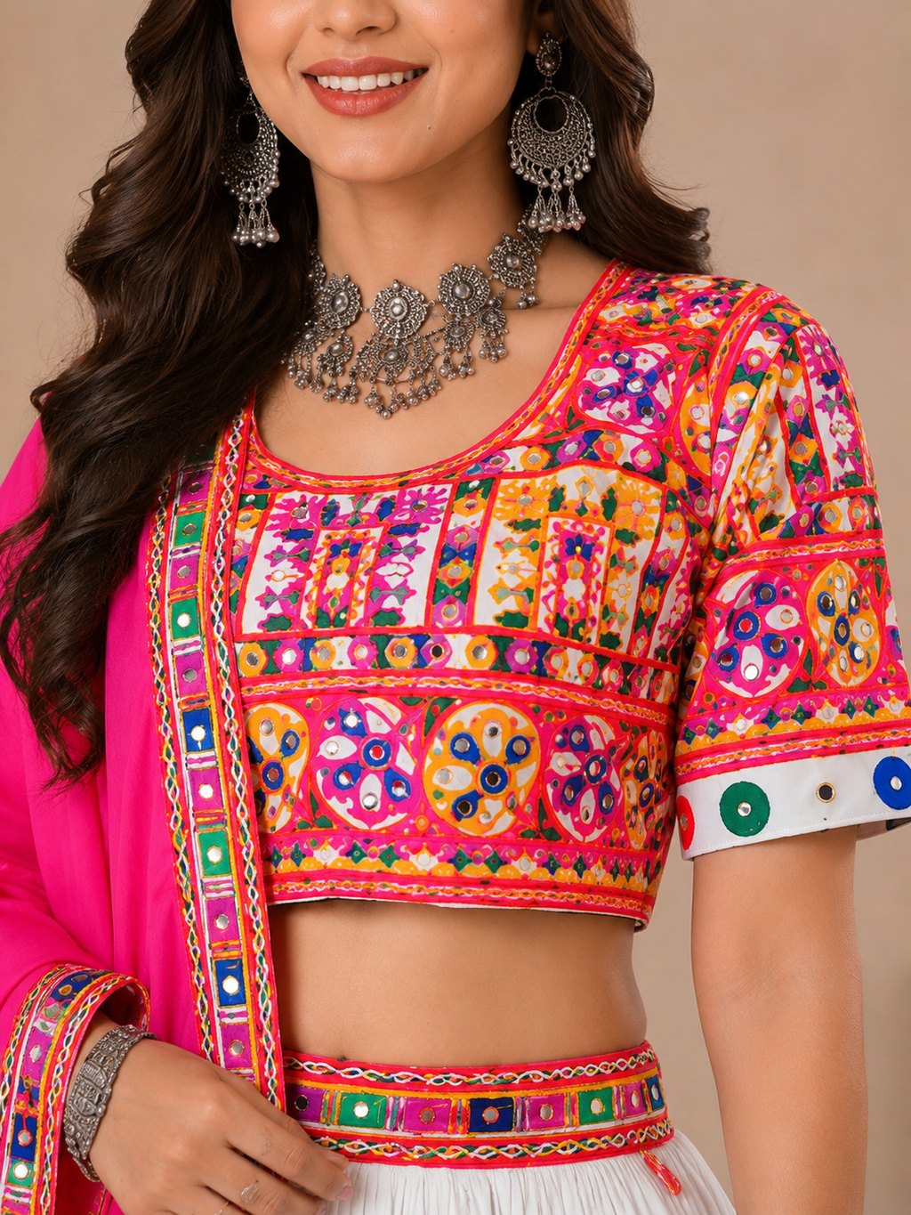Banjara India Cotton Long Flair Aari Embroidery Kutch Work (Lehenga Choli) Chaniya Choli Set with Dupatta -Kathiyawadi-White