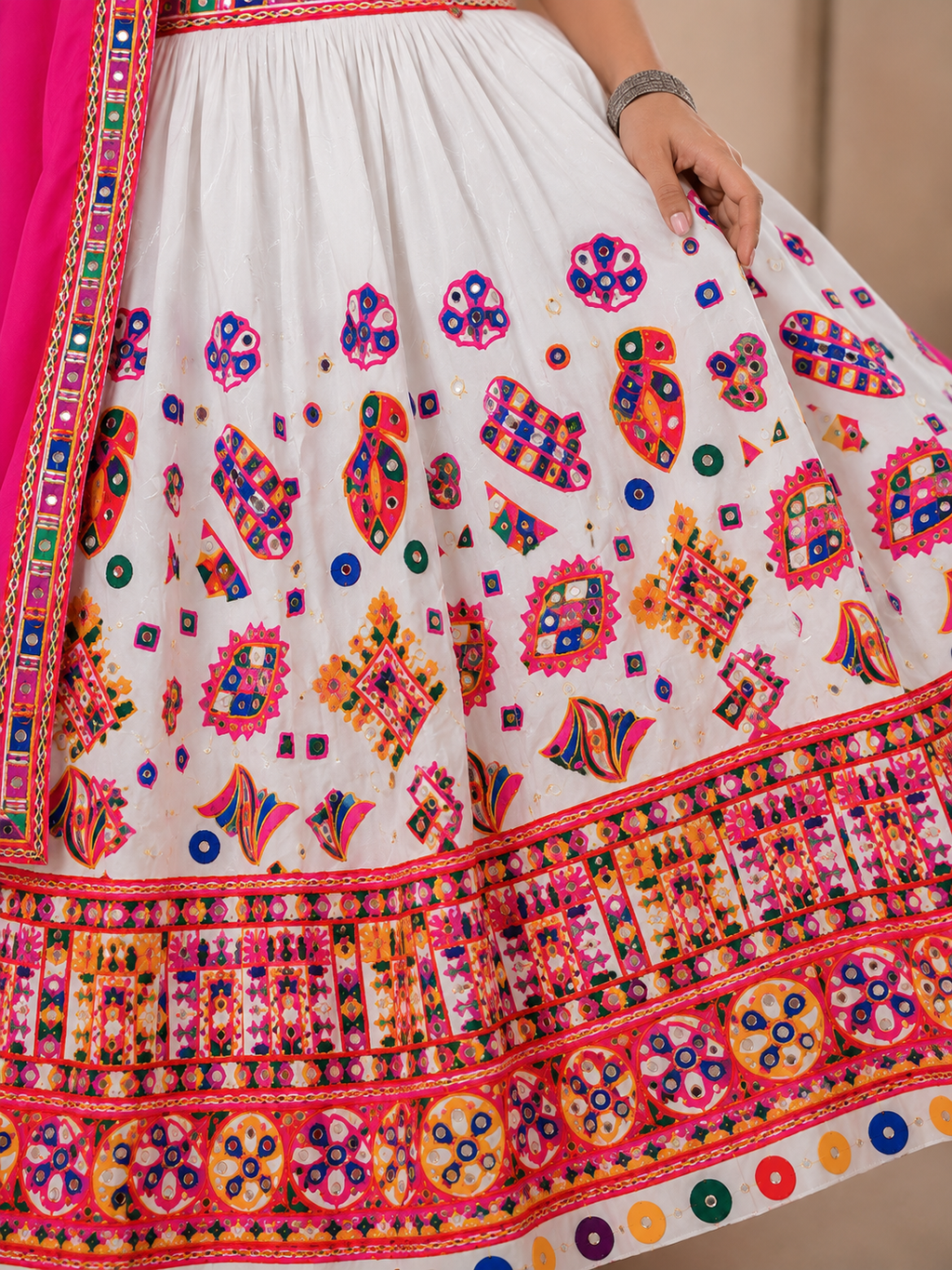 Banjara India Cotton Long Flair Aari Embroidery Kutch Work (Lehenga Choli) Chaniya Choli Set with Dupatta -Kathiyawadi-White