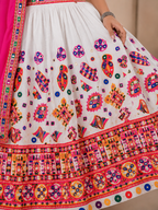 Banjara India Cotton Long Flair Aari Embroidery Kutch Work (Lehenga Choli) Chaniya Choli Set with Dupatta -Kathiyawadi-White