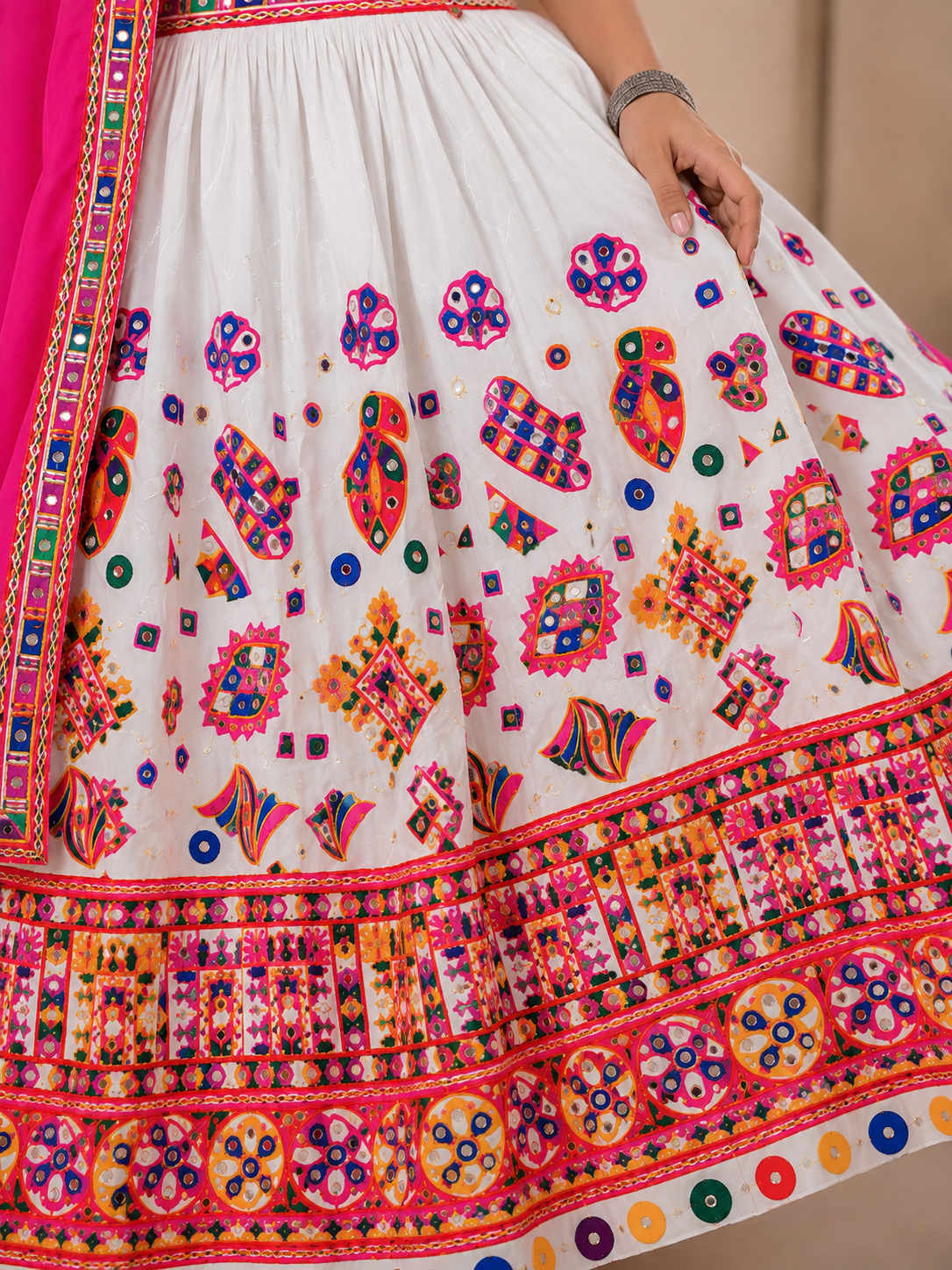 Banjara India Cotton Long Flair Aari Embroidery Kutch Work (Lehenga Choli) Chaniya Choli Set with Dupatta -Kathiyawadi-White