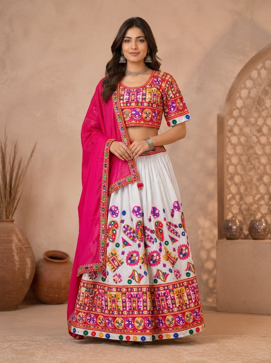 Banjara India Cotton Long Flair Aari Embroidery Kutch Work (Lehenga Choli) Chaniya Choli Set with Dupatta -Kathiyawadi-White