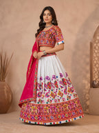 Banjara India Cotton Long Flair Aari Embroidery Kutch Work (Lehenga Choli) Chaniya Choli Set with Dupatta -Kathiyawadi-White