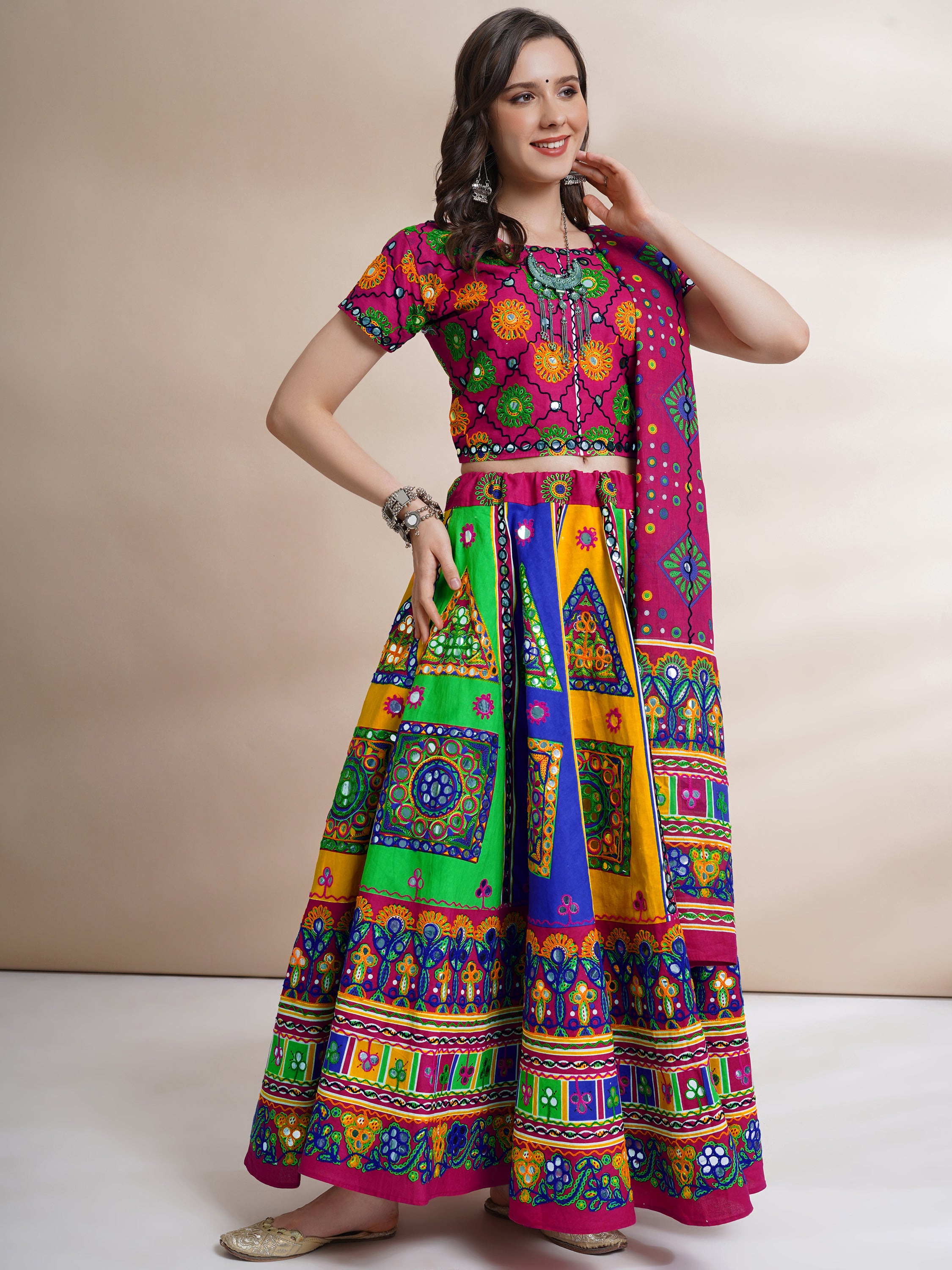 Banjara India Cotton Long Flair Aari Embroidery Kutch Work (Lehenga Choli) Chaniya Choli Set with Dupatta-(FSCC-PGY)Pink