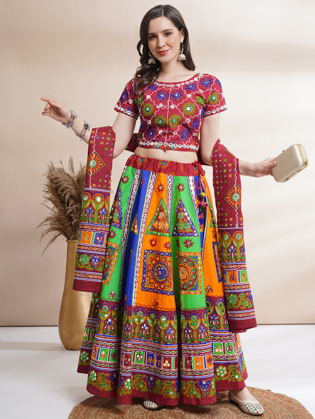 Banjara India Cotton Long Flair Aari Embroidery Kutch Work (Lehenga Choli) Chaniya Choli Set with Dupatta-(FSCC-PGY)Red