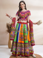 Banjara India Cotton Long Flair Aari Embroidery Kutch Work (Lehenga Choli) Chaniya Choli Set with Dupatta-(FSCC-PGY)Red