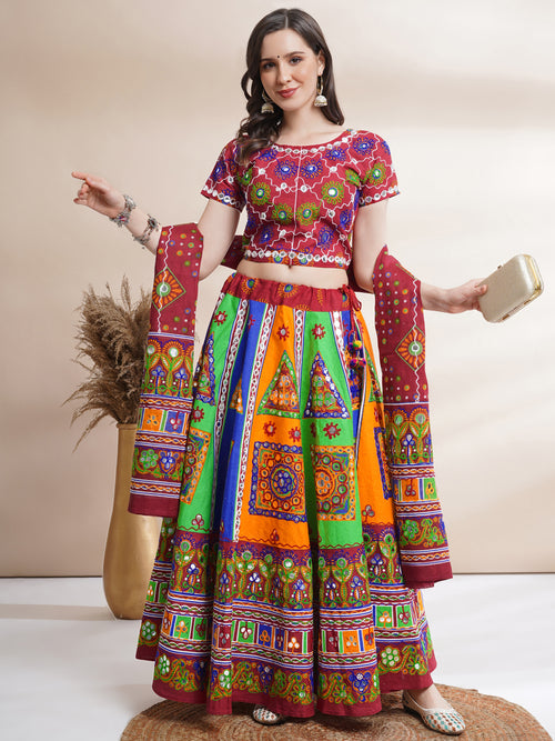 Banjara India Cotton Long Flair Aari Embroidery Kutch Work (Lehenga Choli) Chaniya Choli Set with Dupatta-(FSCC-PGY)Red
