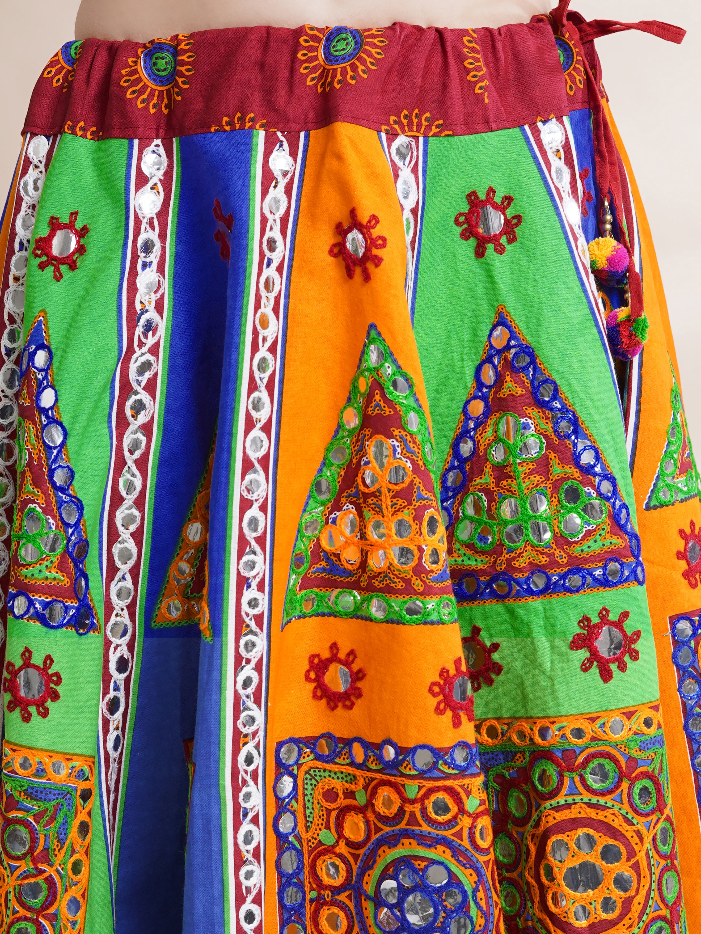 Banjara India Cotton Long Flair Aari Embroidery Kutch Work (Lehenga Choli) Chaniya Choli Set with Dupatta-(FSCC-PGY)Red