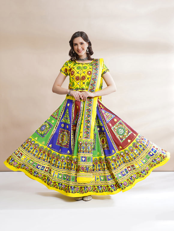 Banjara India Cotton Long Flair Aari Embroidery Kutch Work (Lehenga Choli) Chaniya Choli Set with Dupatta-(FSCC-PGY)Yellow