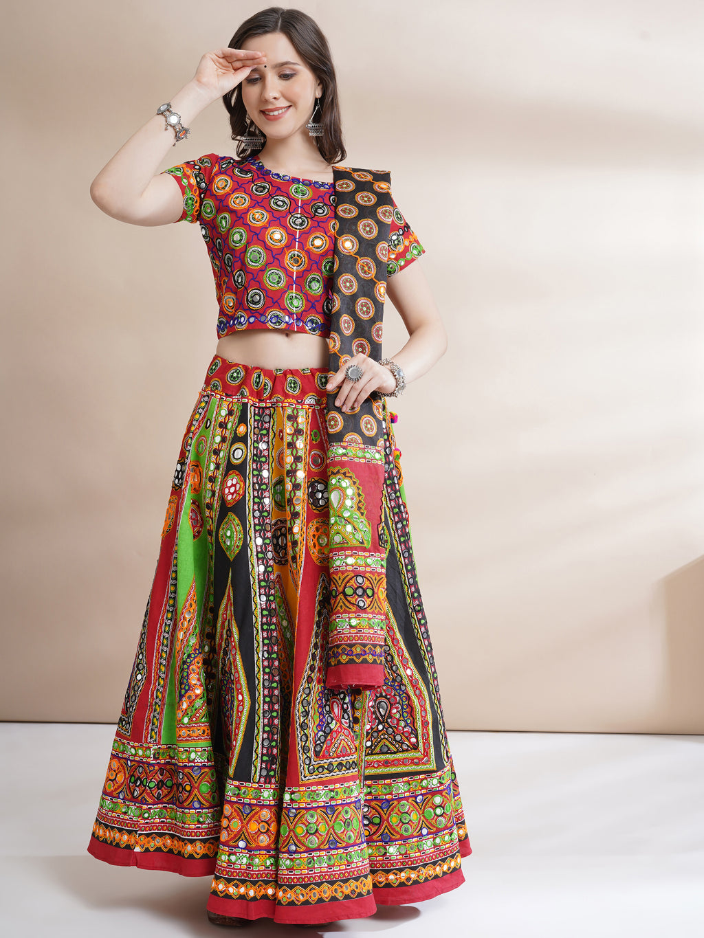 Banjara India Cotton Long Flair Aari Embroidery Kutch Work (Lehenga Choli) Chaniya Choli Set with Dupatta-(FSCC-Rath)Red